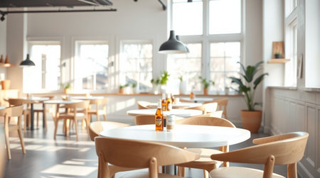 Cafe interior with tables and chairs, closeup. Interior design