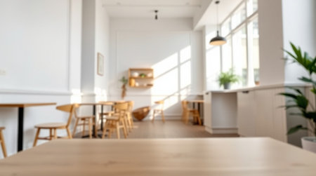 Blurred background of modern coffee shop with wooden table and chairs.