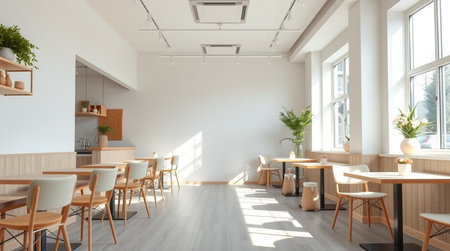 Interior of modern cafe with white walls, wooden floor and rows of chairs. 3d rendering