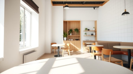 Interior of a modern cafe with white walls and wooden ceiling. 3d rendering