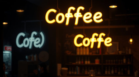 Coffee shop neon sign with bokeh effect, blurred background