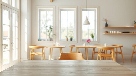 Interior of modern cafe with wooden table and chairs, blurred background