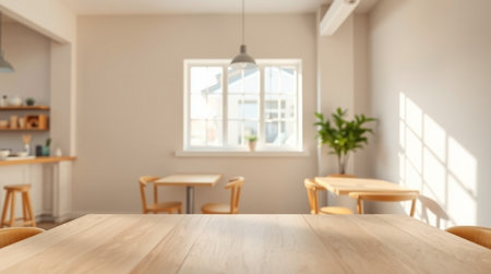 Empty wooden table and chairs in modern cafe. Mock up, 3D Rendering
