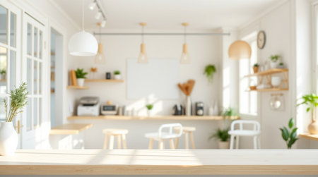 Empty wooden table in modern kitchen interior, blur background. Mock up