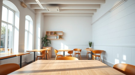 Interior of a cafe with wooden tables and chairs. 3d rendering