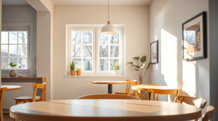 Interior of a cafe with wooden tables and chairs. 3d rendering