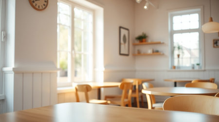 Coffee shop interior with wooden tables and chairs, blurred background