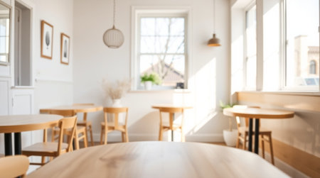 Blurred background of modern coffee shop interior. Coffee shop blur background with bokeh.の写真素材