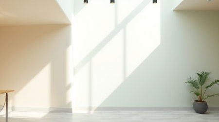 Interior of modern bright room with white walls, tiled floor and window with sunlight. 3d rendering