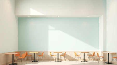 Interior of modern meeting room with white walls, concrete floor and rows of orange chairs. 3d...