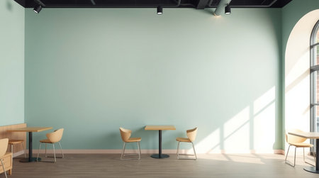 Green wall cafe interior with tables and chairs. Mock up, 3D Rendering