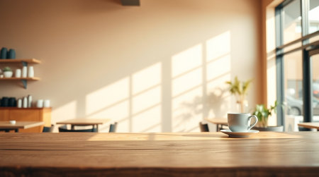 Coffee cup on wooden table in modern meeting room. 3d rendering