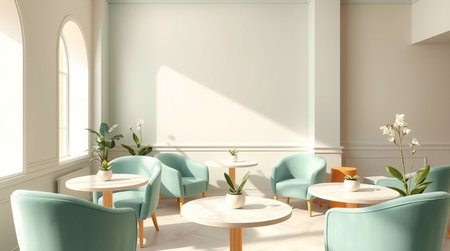 Modern cafe interior with green armchairs and round tables. 3d renderの写真素材