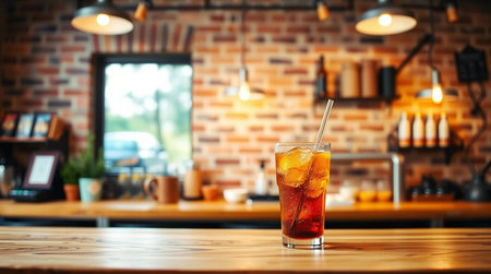 Glass of cola with ice cubes and straw on wooden table in cafe