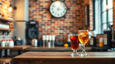 Two glasses on a wooden table in a cafe