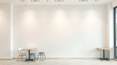 interior with white walls, concrete floor, white table and chairs. 3d render