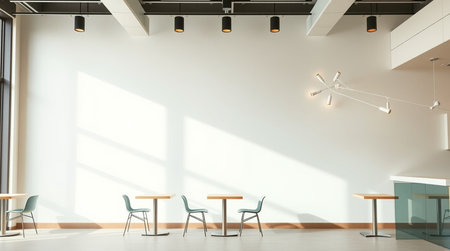 Interior of modern cafe with white walls, concrete floor, long wooden tables and blue chairs. 3d...
