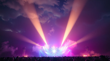 Stage lights and crowd of people at a music festival.