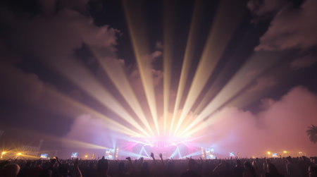Concert crowd at a music festival with bright stage lights and smokeの写真素材