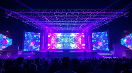 Stage lights and crowd of people in front of a live concert stage
