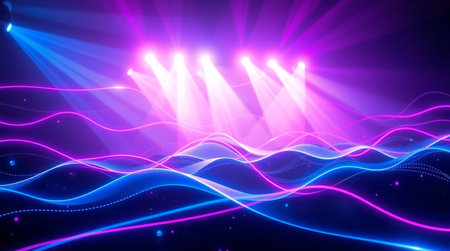 Colorful stage background with lights and beams, 3d rendering.