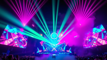 Stage lights and crowd of people in front of a live concert stage