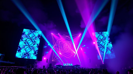 Stage lights and crowd of people at a concert. Light show.