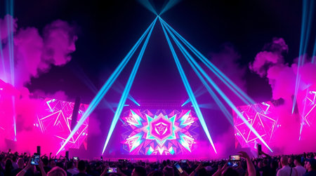 Stage lights and crowd of people in front of a live music concert
