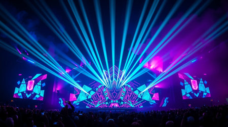 Stage lights and crowd of people in front of a big concert stage