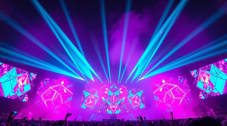 Stage lights and crowd of people in front of a concert stage.
