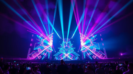 Stage lights and crowd of people in front of concert stage. Abstract background