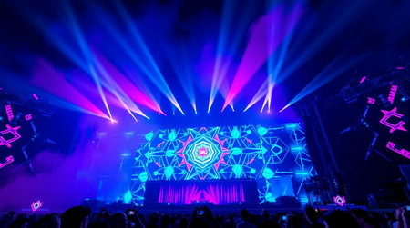 Crowd at a concert in front of a bright stage and lights