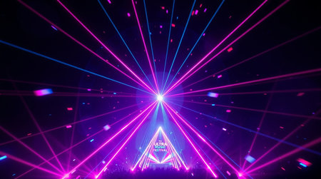 Colorful laser show in the night club. Colorful rays of light.