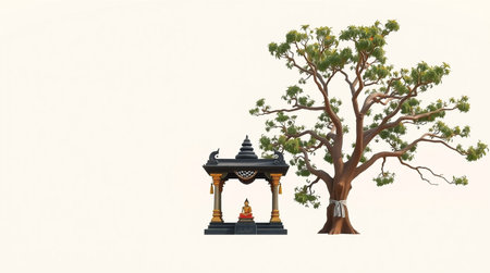 3d rendering of a temple and a tree on a white background