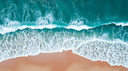 Aerial view of turquoise ocean waves crashing on sandy beach
