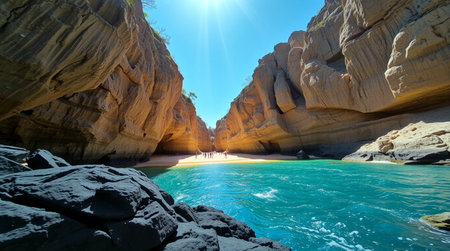 Scenic view of sandstone cliffs on the shoresの写真素材