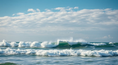 Beautiful ocean waves breaking on the shore. Blue sky with white clouds.