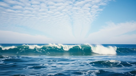 Big wave breaking on the coast of Atlantic ocean. Blue sky background.