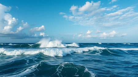 Seascape with waves and clouds on the blue sky background.