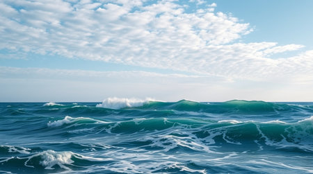 Waves in the sea on a background of blue sky with clouds