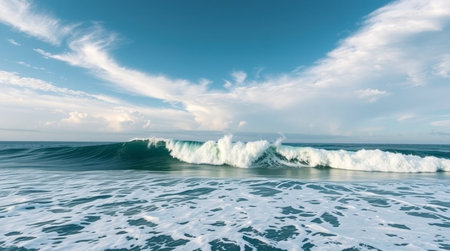 Beautiful panorama of ocean wave with blue sky and white clouds