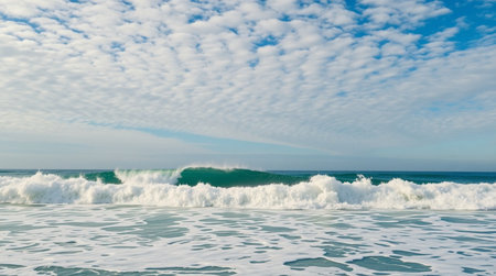 Beautiful ocean waves on a sunny day with clouds in the skyの写真素材