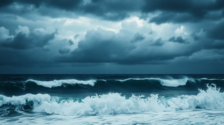 Beautiful seascape with waves and cloudy sky. Toned.