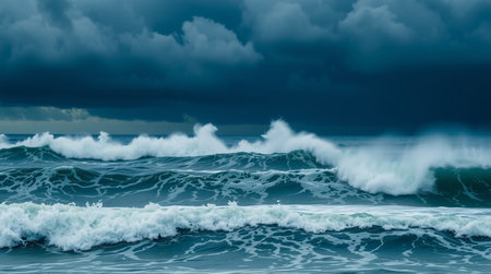 Stormy sea background with storm clouds and waves. Panoramic image.