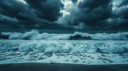 Stormy sea. Dramatic sky with stormy clouds and waves.