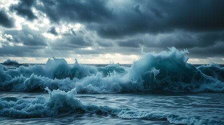 Stormy sea. Dramatic sky. Epic seascape. 3D rendering