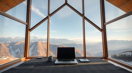 Laptop on the windowsill in the attic with view of the mountains