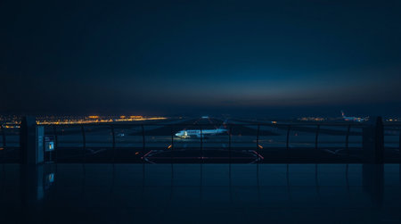 Aerial view of the airport runway at night. Long exposure.
