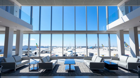 Interior of a modern airport terminal with blue sky and large windows
