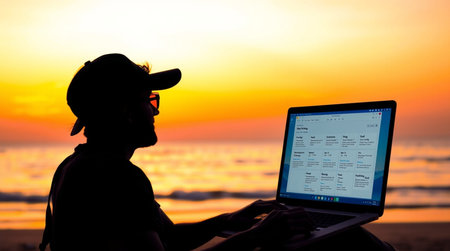 Silhouette of man working on laptop at the beach during sunset